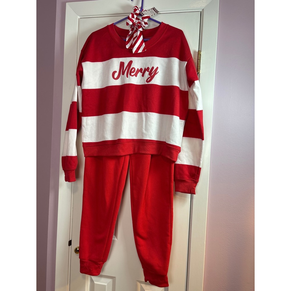 Better Together Merry Christmas Lounge Set Red White Striped XL 3pc Scrunchie